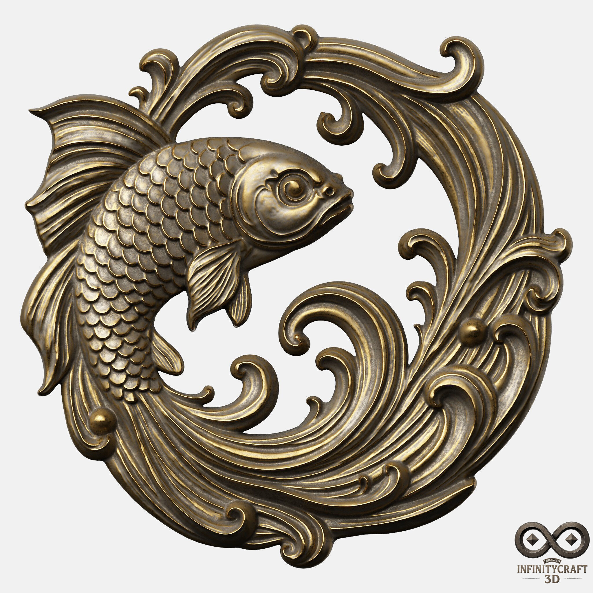 Ornamental Koi Sculpture CNC and 3D Printable Wall Relief 3D print model_3