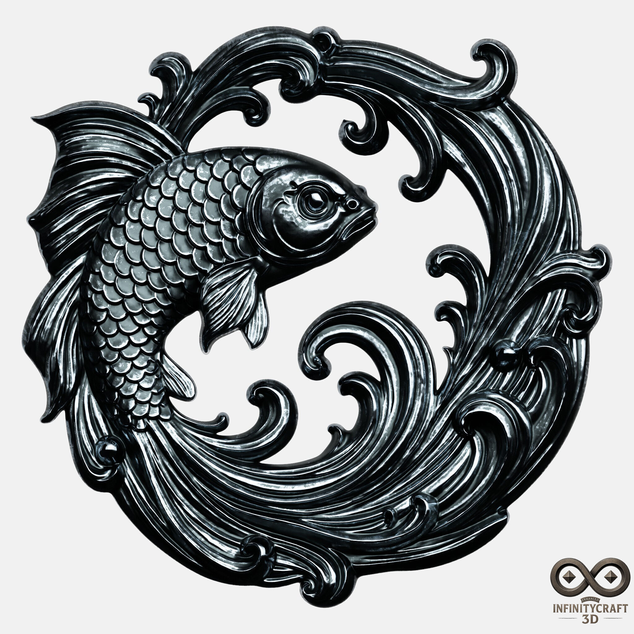 Ornamental Koi Sculpture CNC and 3D Printable Wall Relief 3D print model_6