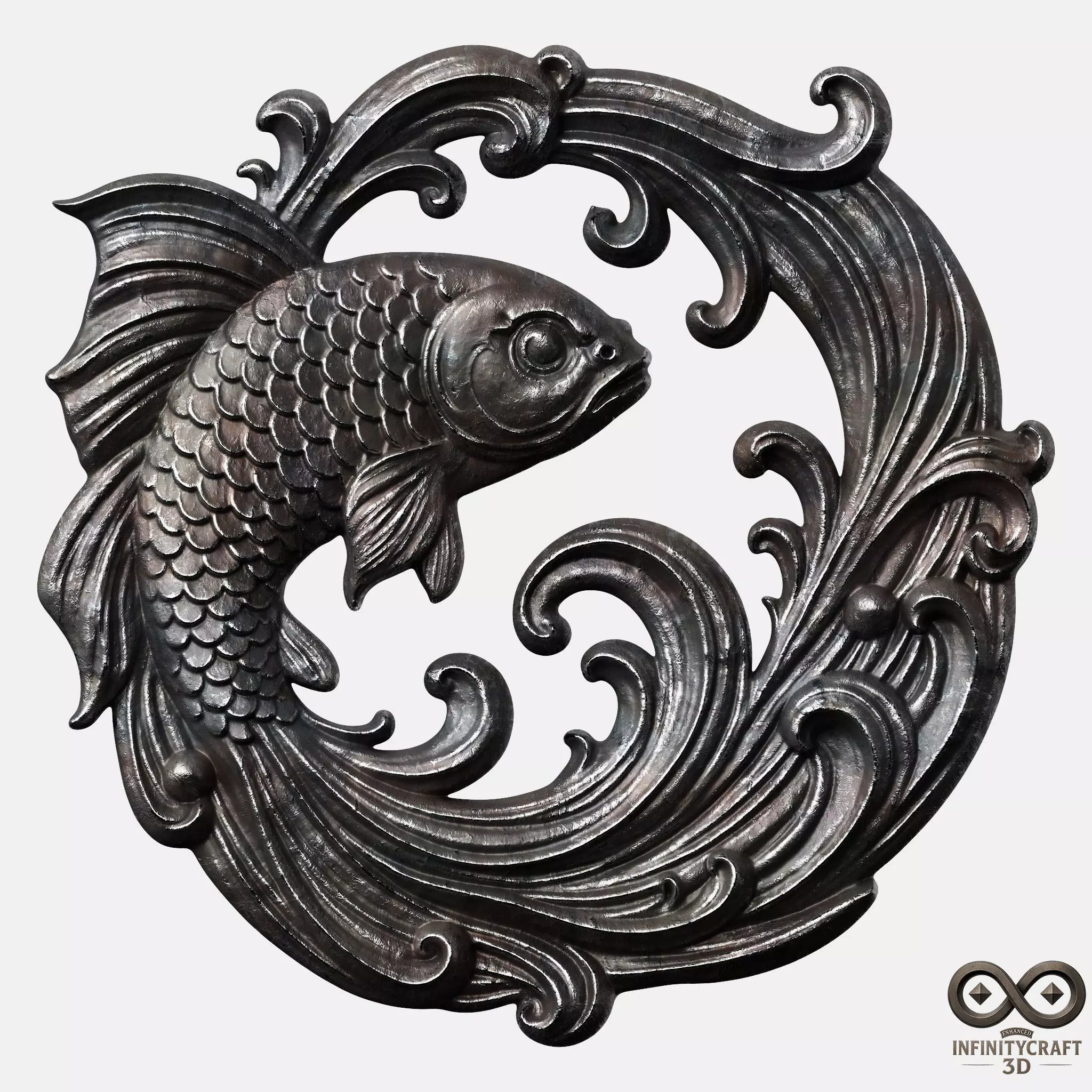 Ornamental Koi Sculpture CNC and 3D Printable Wall Relief 3D print model_0