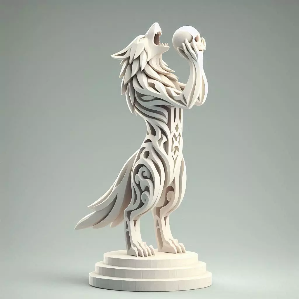 593 Totemic Werewolf Howling with Skull 3D Model 3D print model