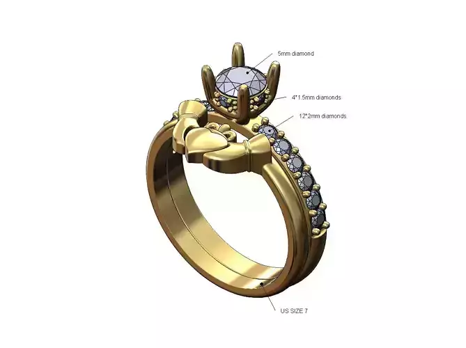 Claddagh heart guard 5mm diamond hidden setting ring US size 7