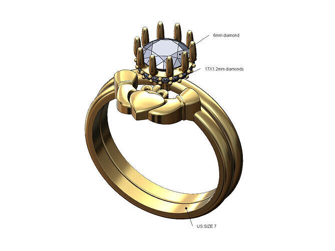 Claddagh guard 6mm diamond crown hidden setting ring US size 7 3D print model