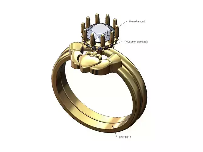 Claddagh guard 6mm diamond crown hidden setting ring US size 7