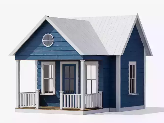 A white and blue wooden tiny house with a small porch