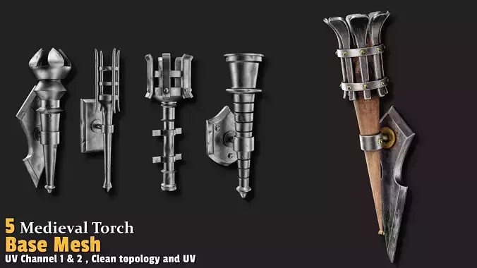 5 Medieval Torch  Base Mesh Low-poly 3D model