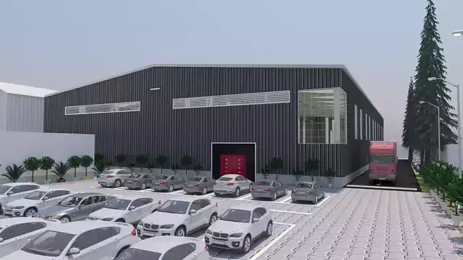 INDUSTRIAL BUILDING WITH LANDSCAPE AND COLUMNS AND BEAMS DETAILS