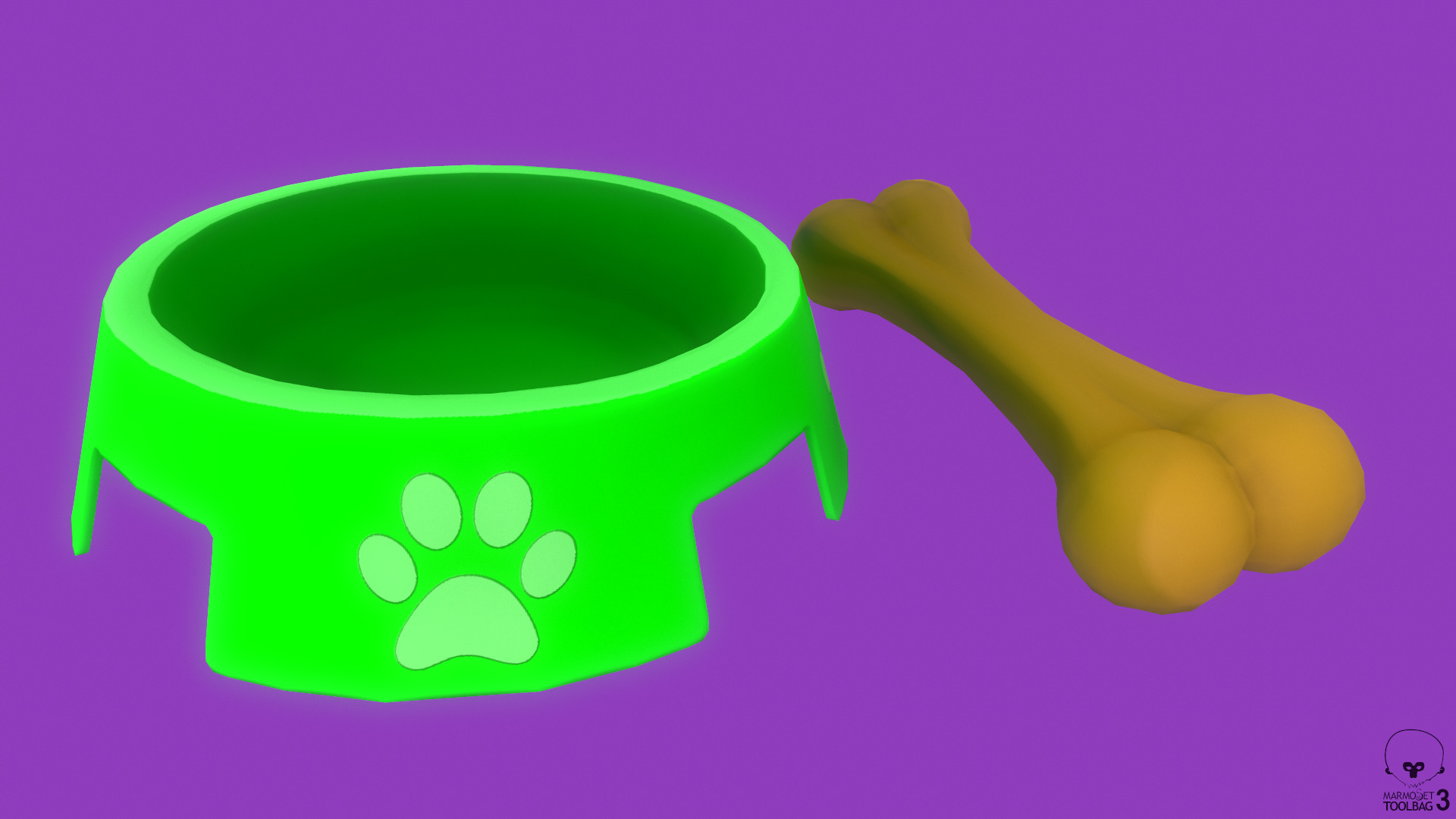 Stylized Green Pet Bowl and Bone Toy Free low-poly 3D model_2