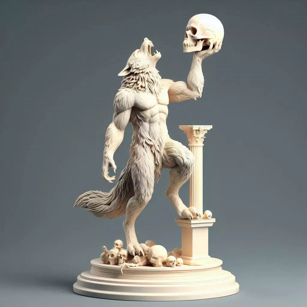 603  Ivory  Werewolf  Howling with Skull  3D Model 3D print model_0