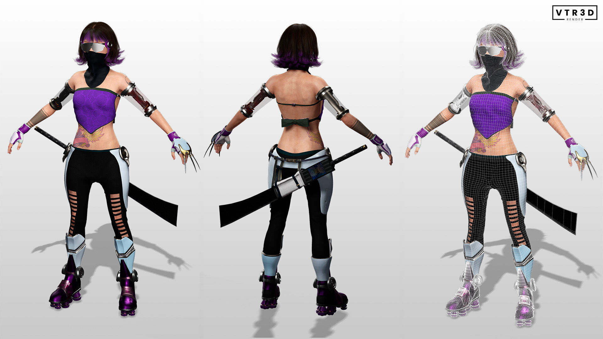 Cyber Ninja Girl Stylized Futuristic Female Character Low-poly 3D model_3