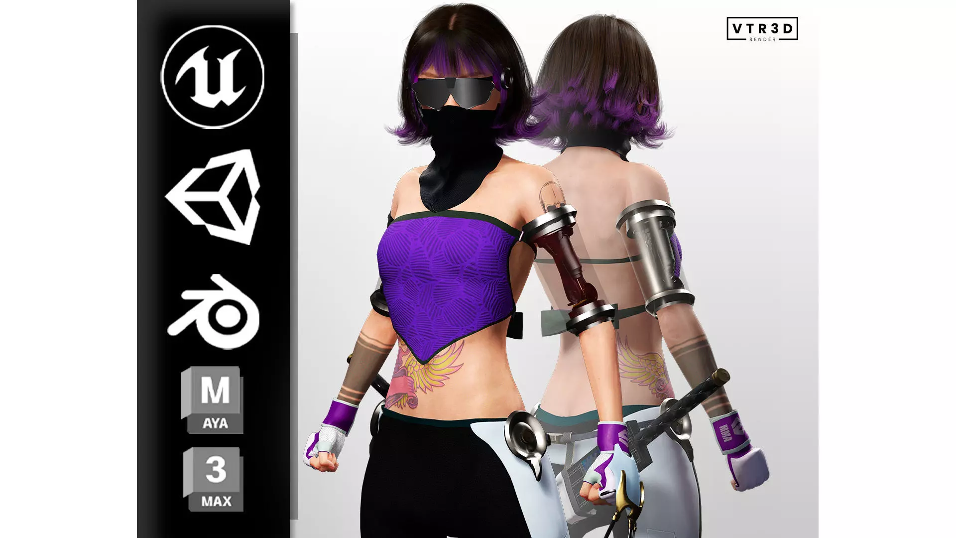 Cyber Ninja Girl Stylized Futuristic Female Character Low-poly 3D model_0