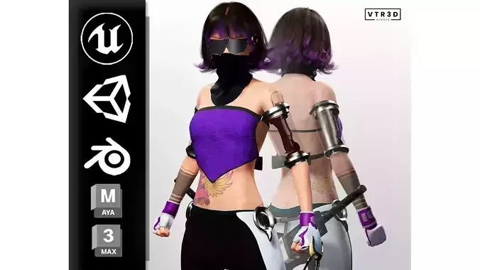 Cyber Ninja Girl Stylized Futuristic Female Character Low-poly 3D model Cyber Ninja Girl Stylized Futuristic Female Character Low-poly 3D model