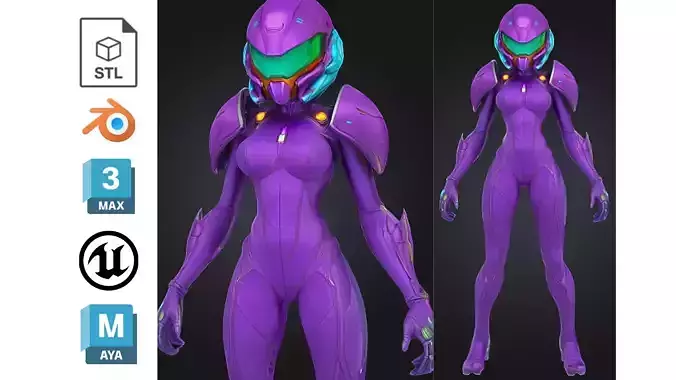 Sci Fi Female Android in Purple Power Suit Low-poly 3D model