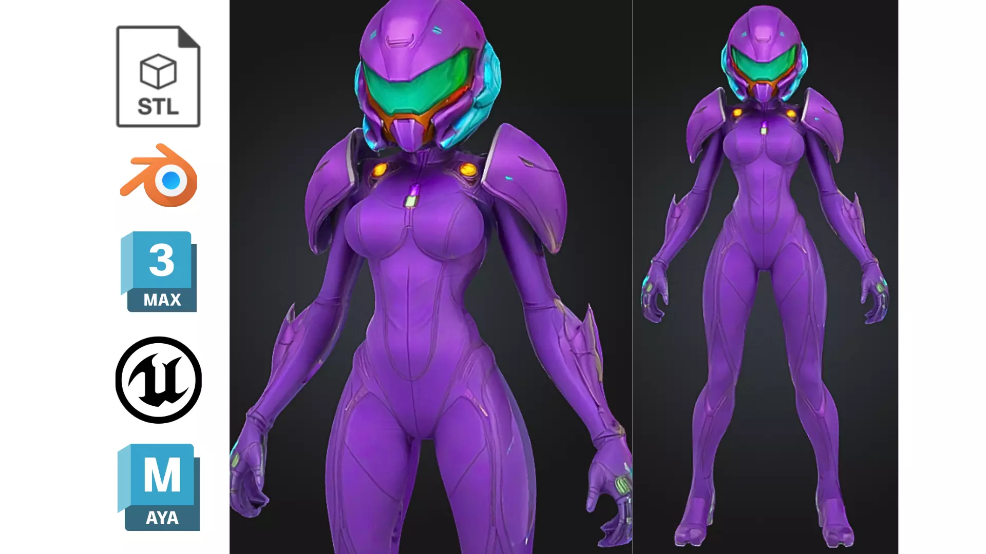 Sci Fi Female Android in Purple Power Suit Low-poly 3D model_0