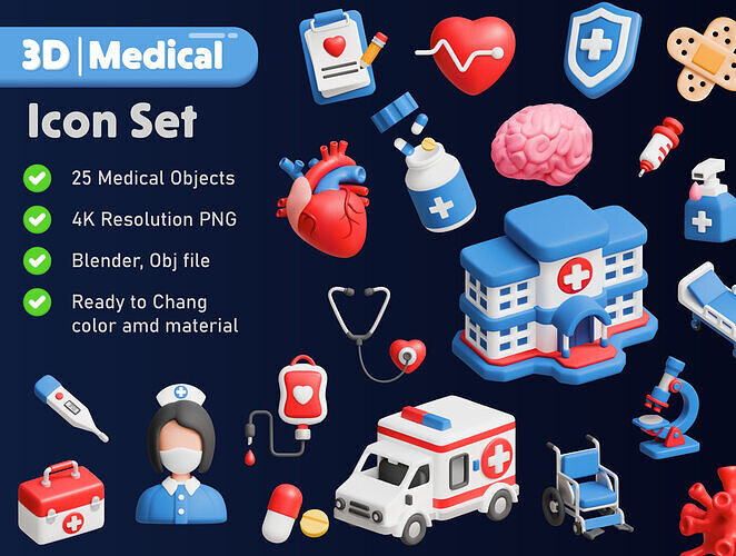 Medical icon pack Low-poly 3D model