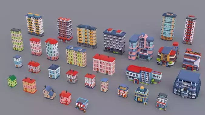 30 Low-Poly Urban Buildings Collection
