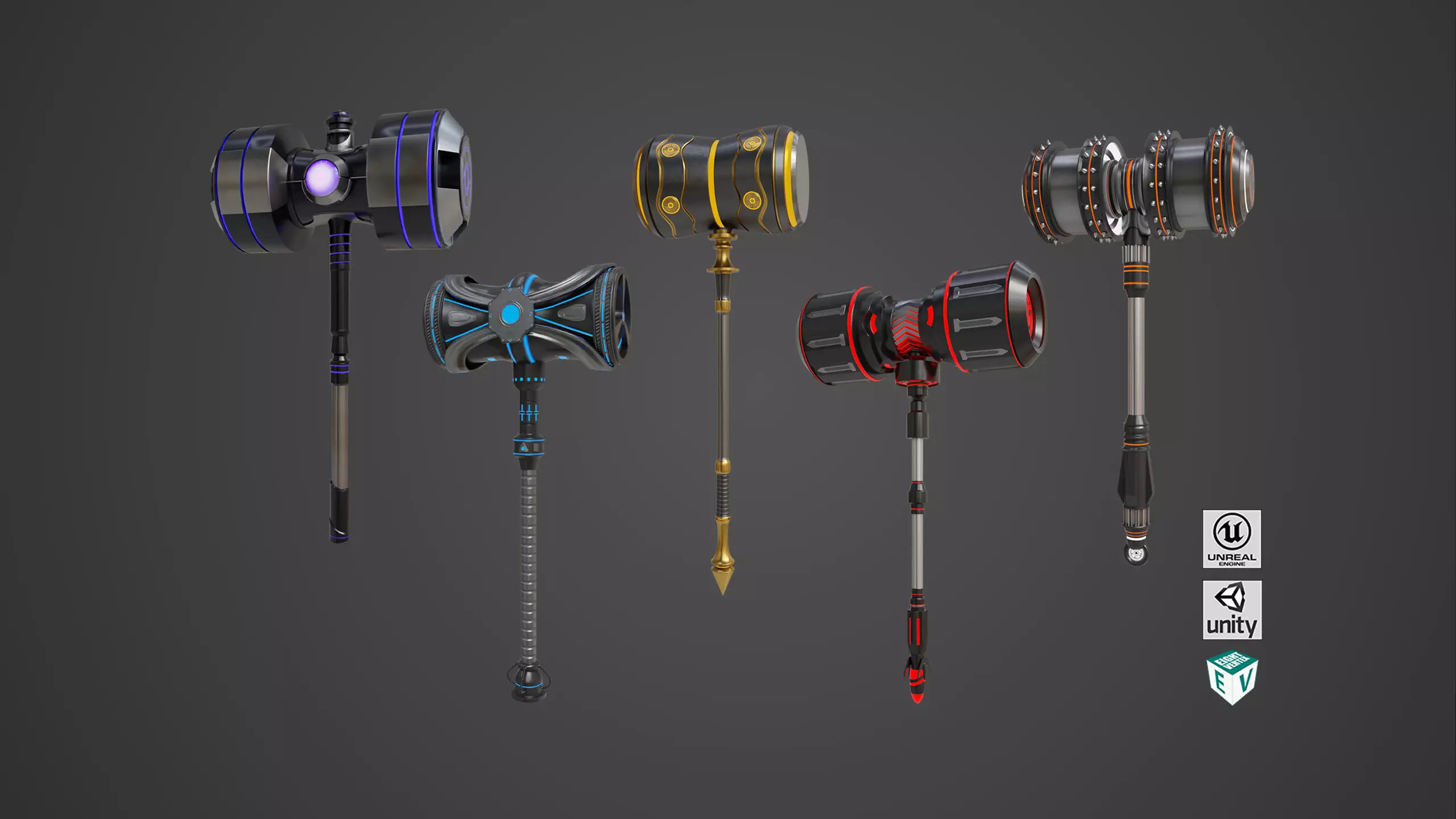 5 Sci Fi Battle Hammers All PBR Unity UE Textures 3D Model Collection_0