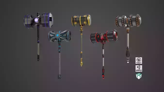 5 Sci Fi Battle Hammers All PBR Unity UE Textures 3D Model Collection
