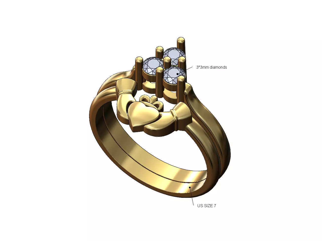 Claddagh guard cluster crown diamond ring US size 7 3D print model