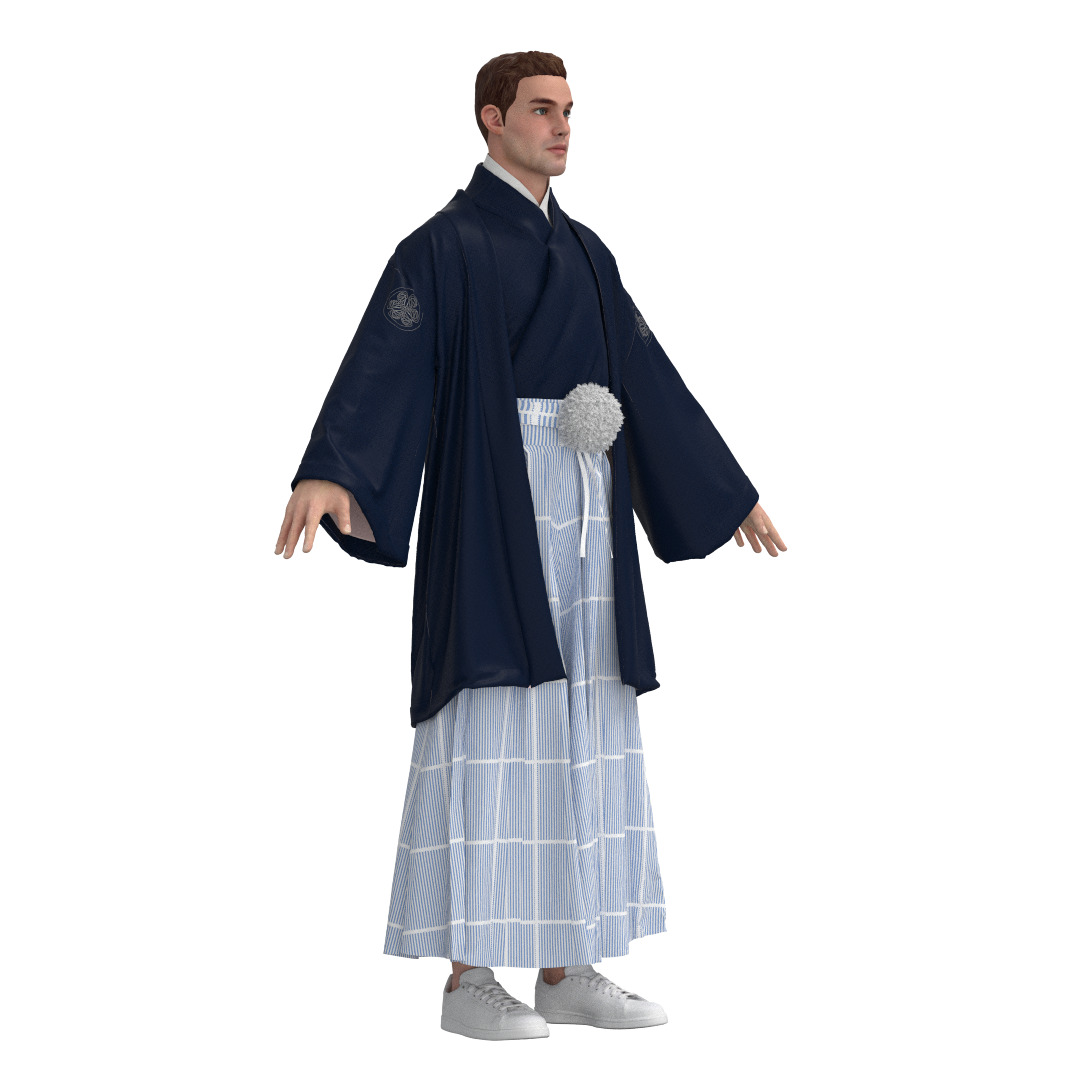 Male Japanese Kimono Hakama Haori Outfit Clo3D 3D model_2