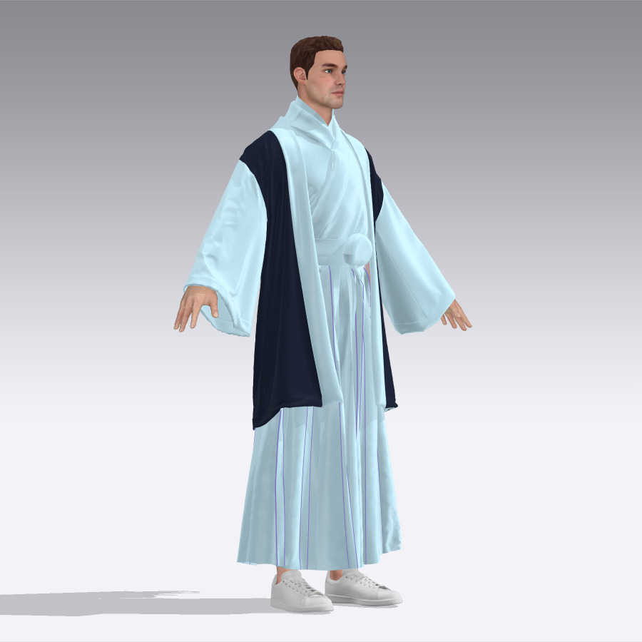 Male Japanese Kimono Hakama Haori Outfit Clo3D 3D model_1