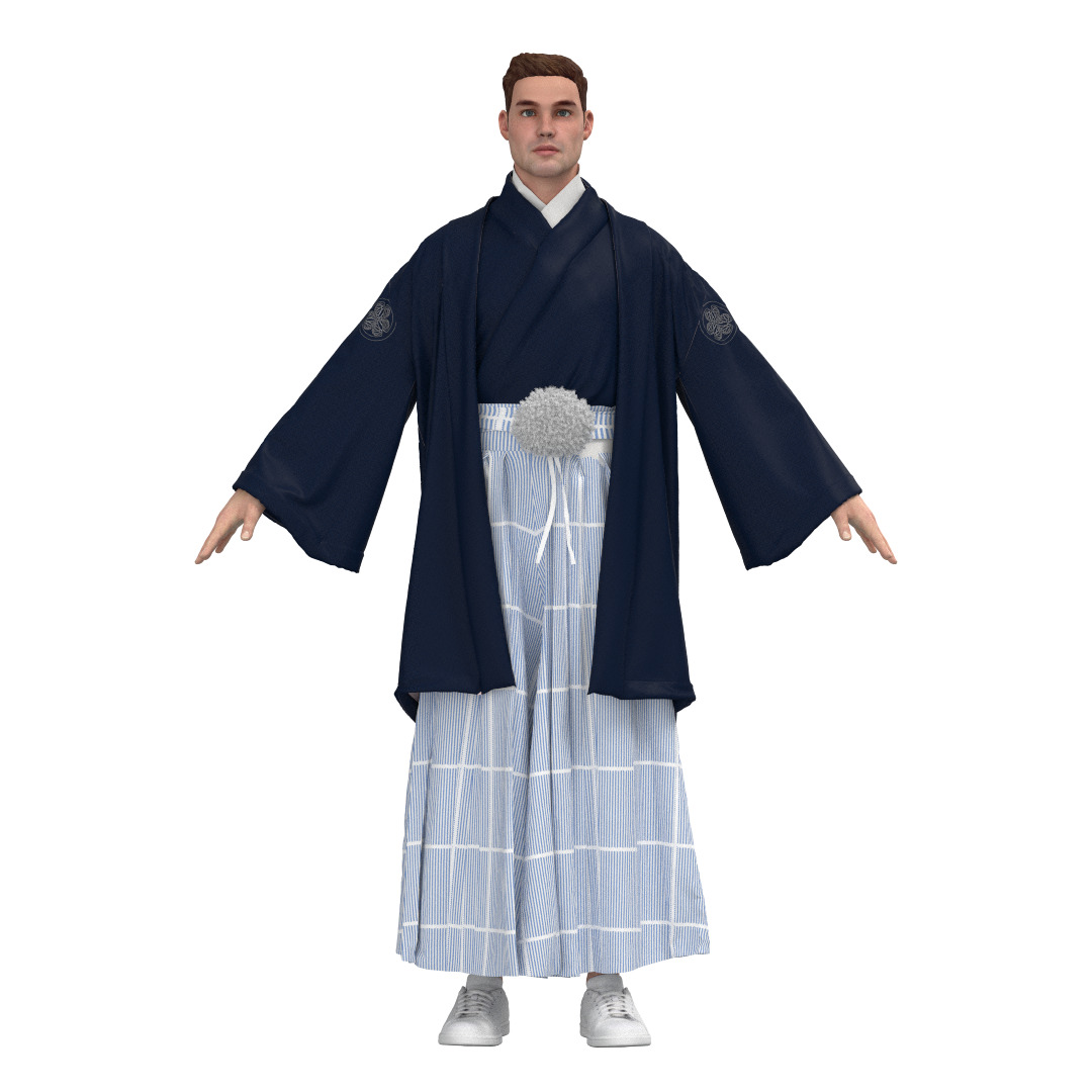 Male Japanese Kimono Hakama Haori Outfit Clo3D 3D model_6