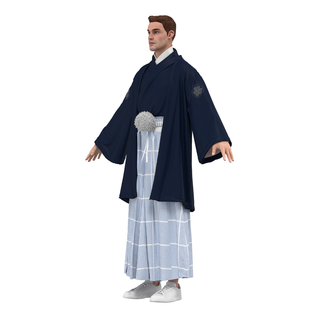Male Japanese Kimono Hakama Haori Outfit Clo3D 3D model_7