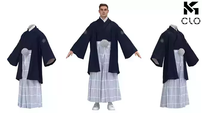Male Japanese Kimono Hakama Haori Outfit Clo3D