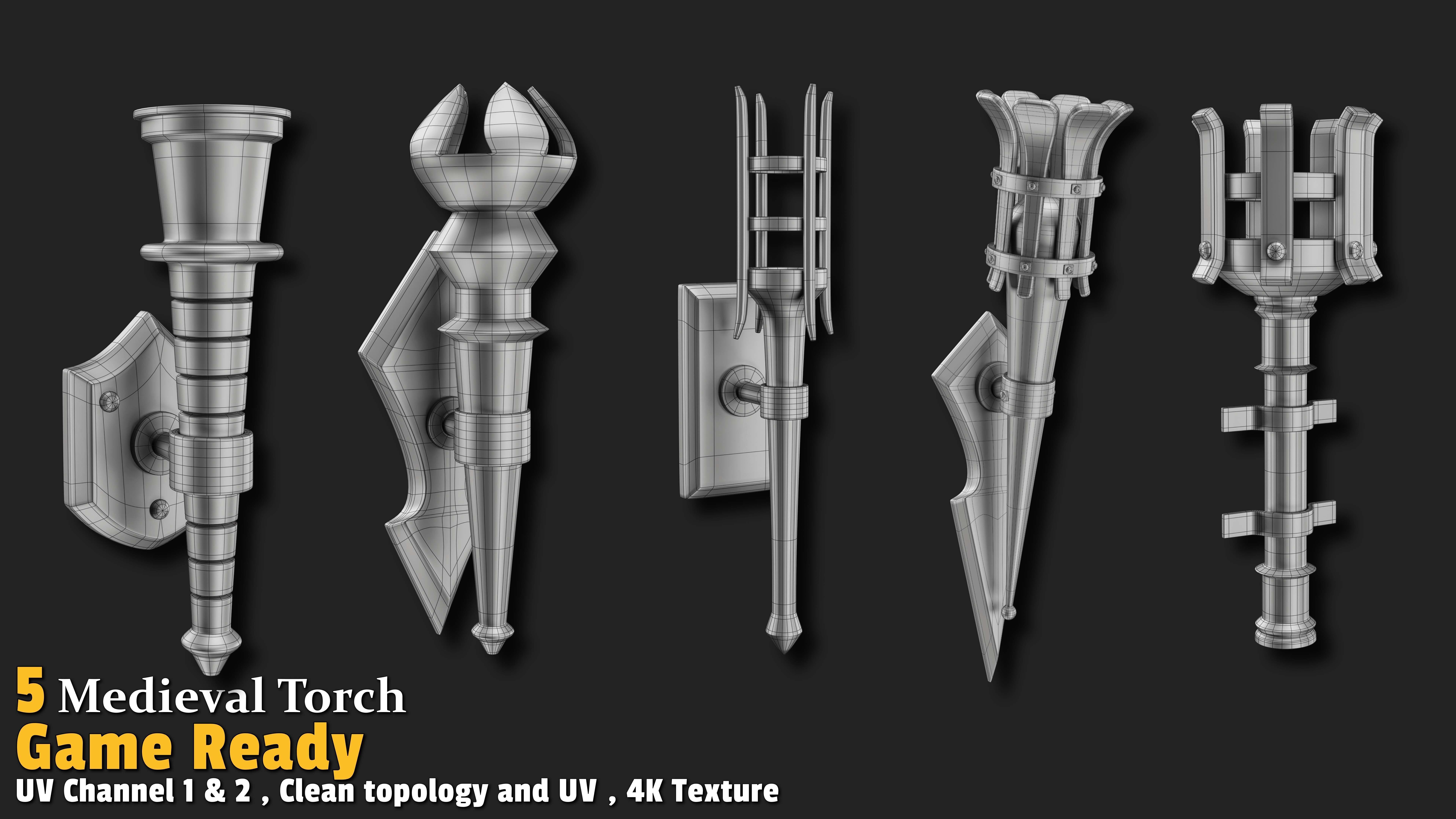 5 Medieval Torch Game Ready Low-poly 3D model_4