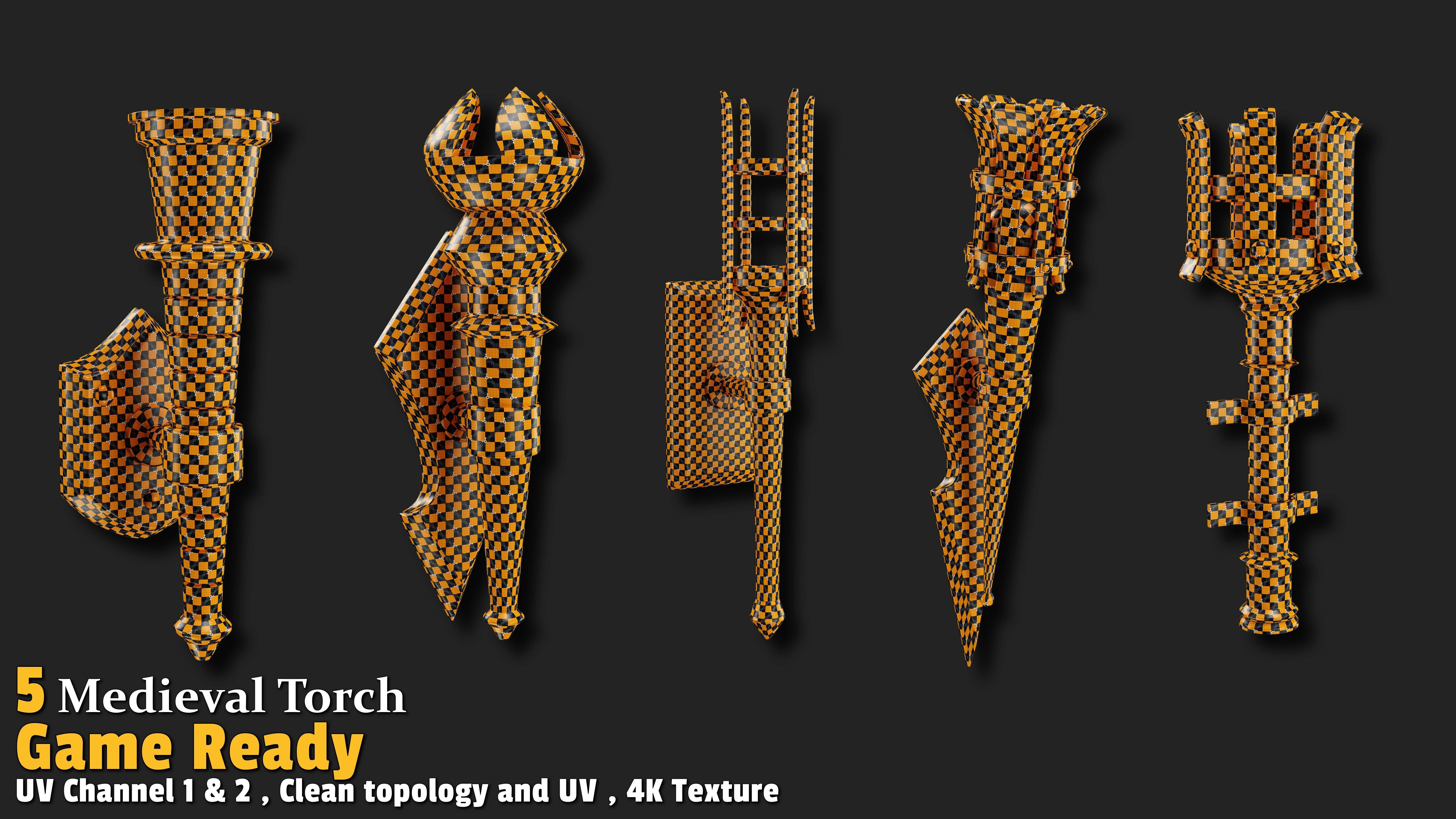 5 Medieval Torch Game Ready Low-poly 3D model_5