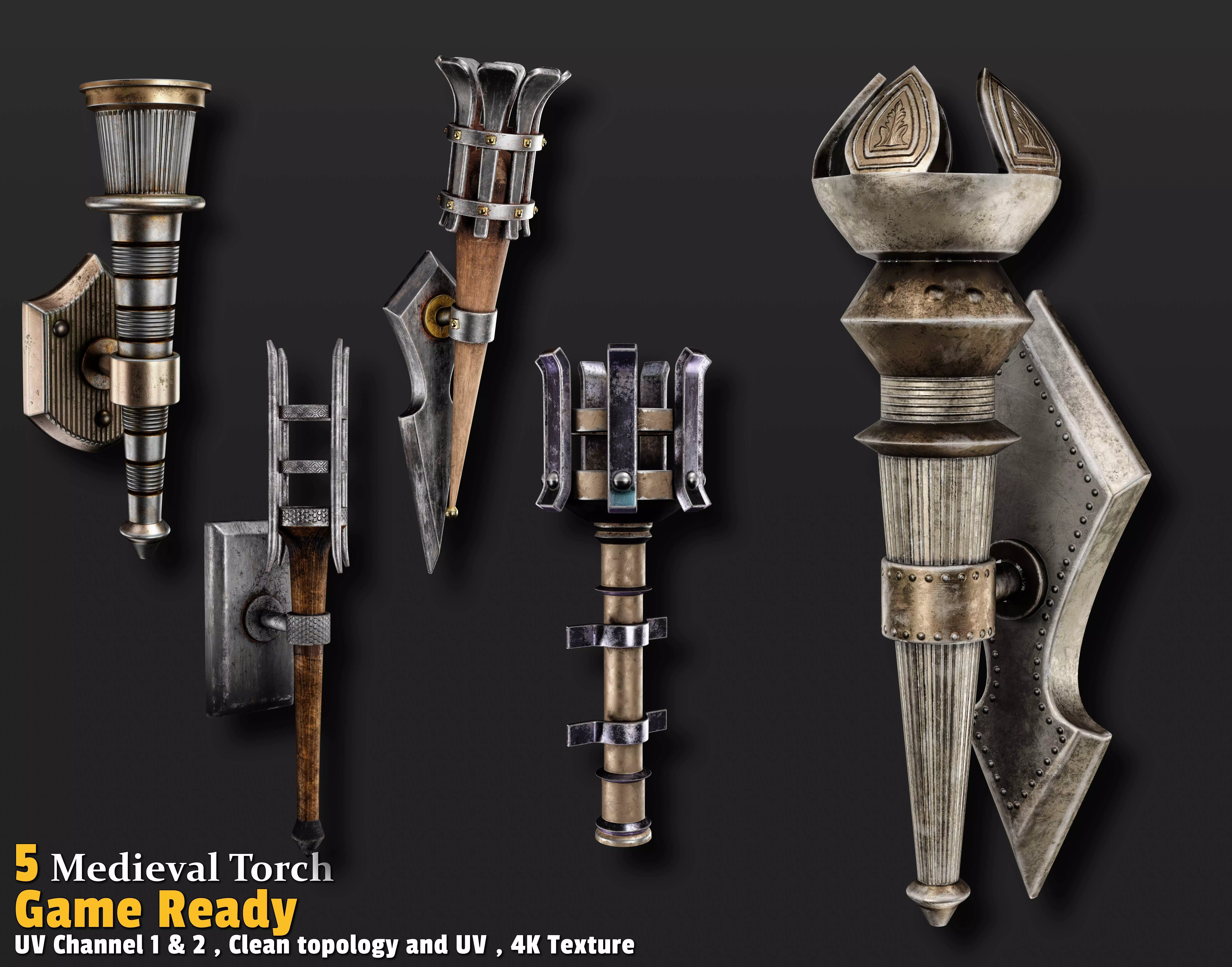 5 Medieval Torch Game Ready Low-poly 3D model_0