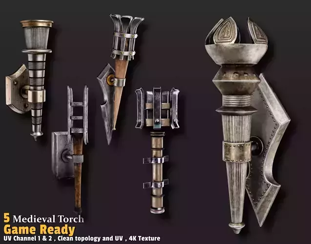 5 Medieval Torch Game Ready Low-poly 3D model