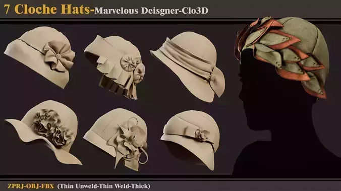 7 Cloche Hats-MD-Clo3D-ZPRJ-FBX-OBJ 3D model