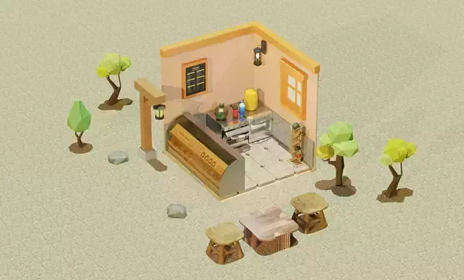 Low Poly Isometric Cafe Scene Stylized Blender 3D Game Asset