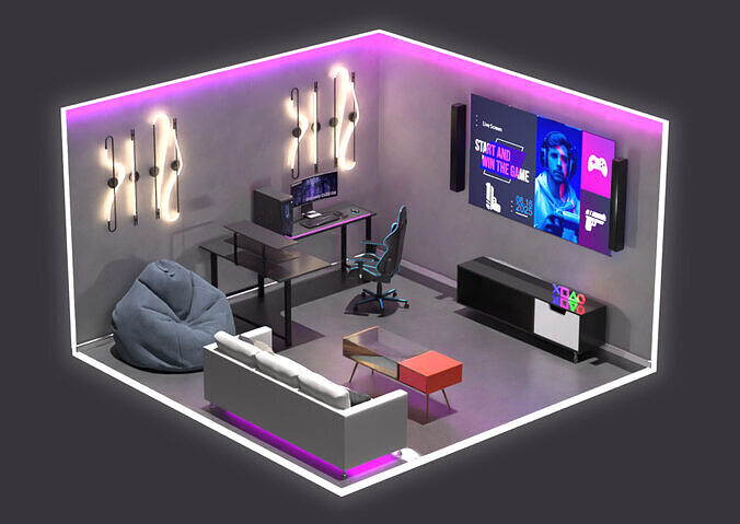 Modern Gaming Room Setup Stylized Blender 3D Model 3D model