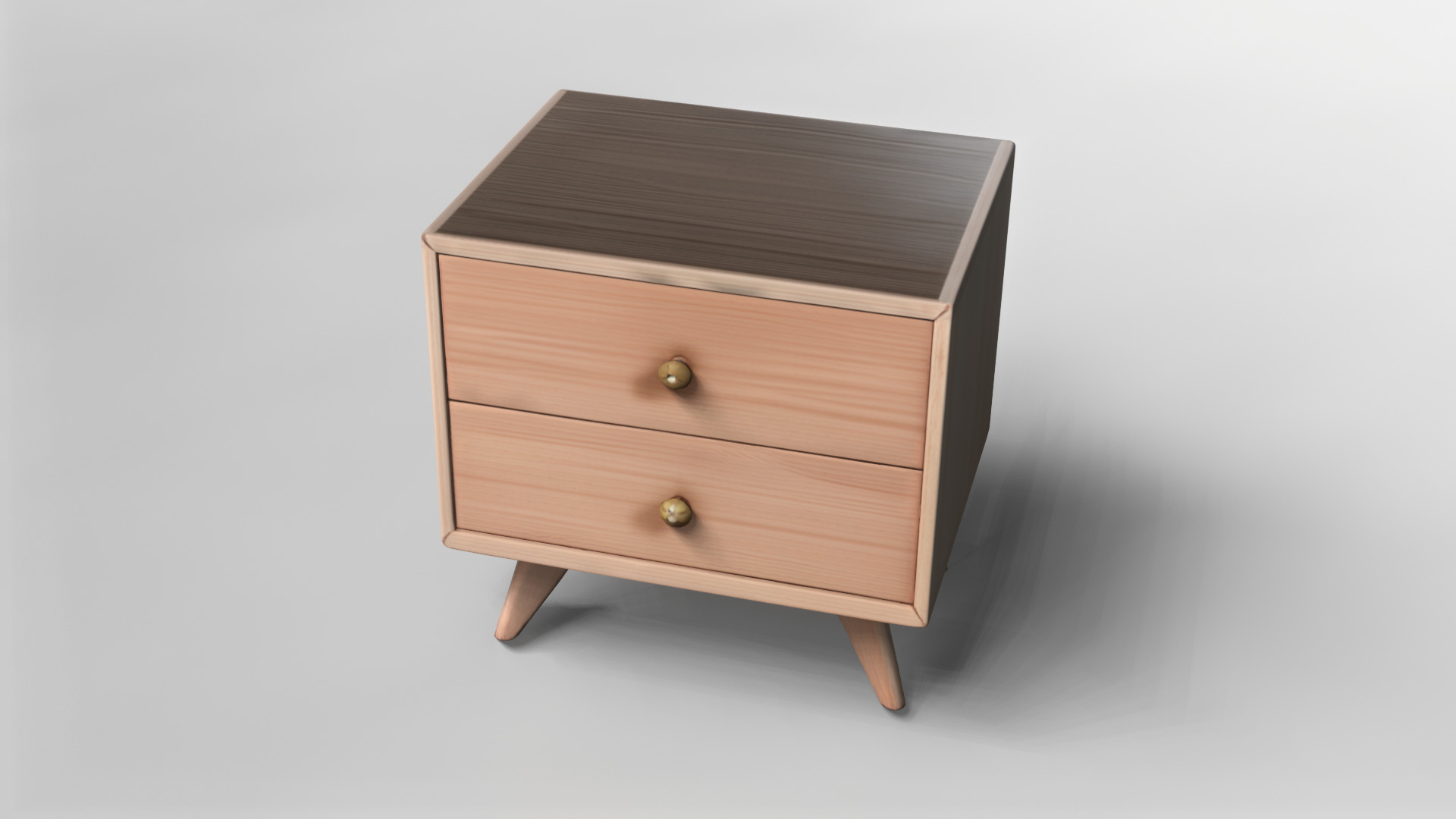Mid-Century Modern Wooden Nightstand with Two Drawers 3D model_2