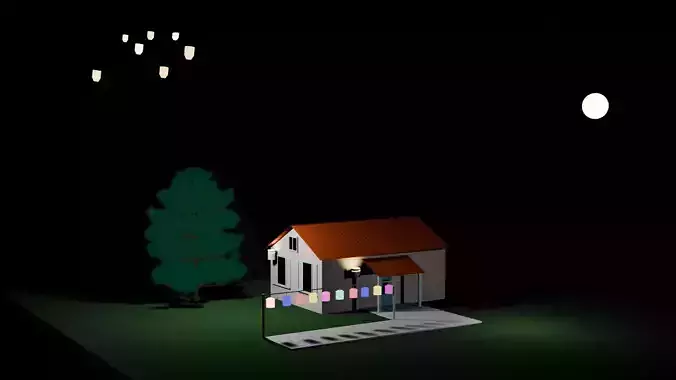  Night Village House 3D Model with Lanterns Tree Moonlight