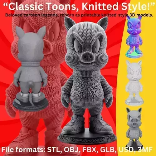 Stylized Knit Porky Pig Figure  Modern Character Interpretation