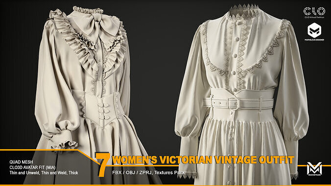 7 Women Victorian Vintage Outfit 3D model