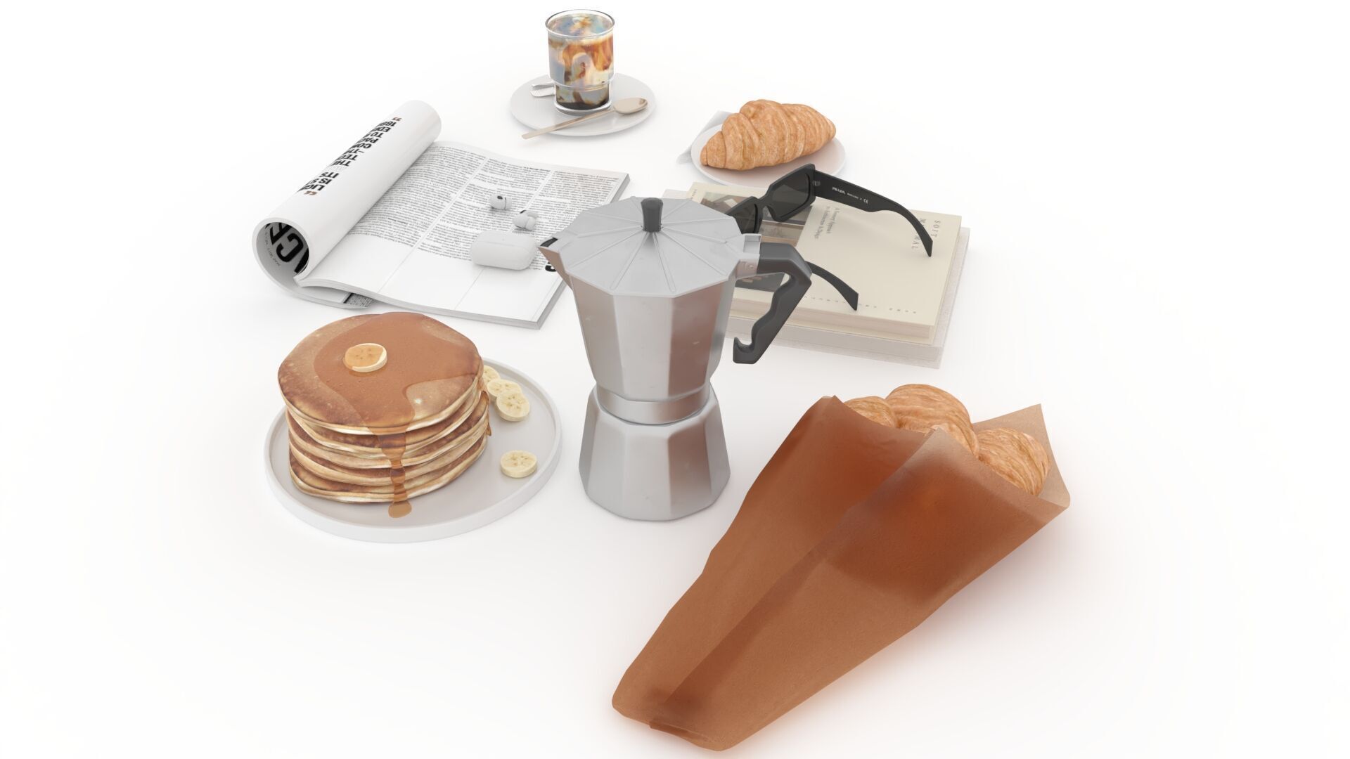 French Breakfast with Coffee and Croissant 3D model_6