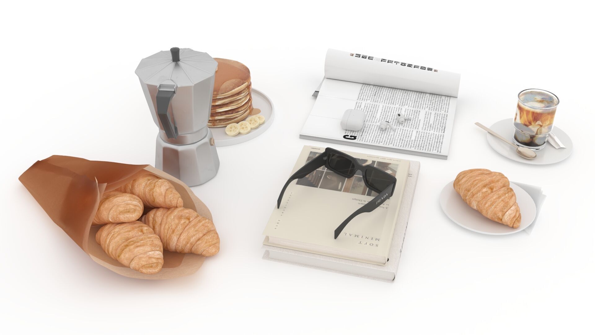 French Breakfast with Coffee and Croissant 3D model_2