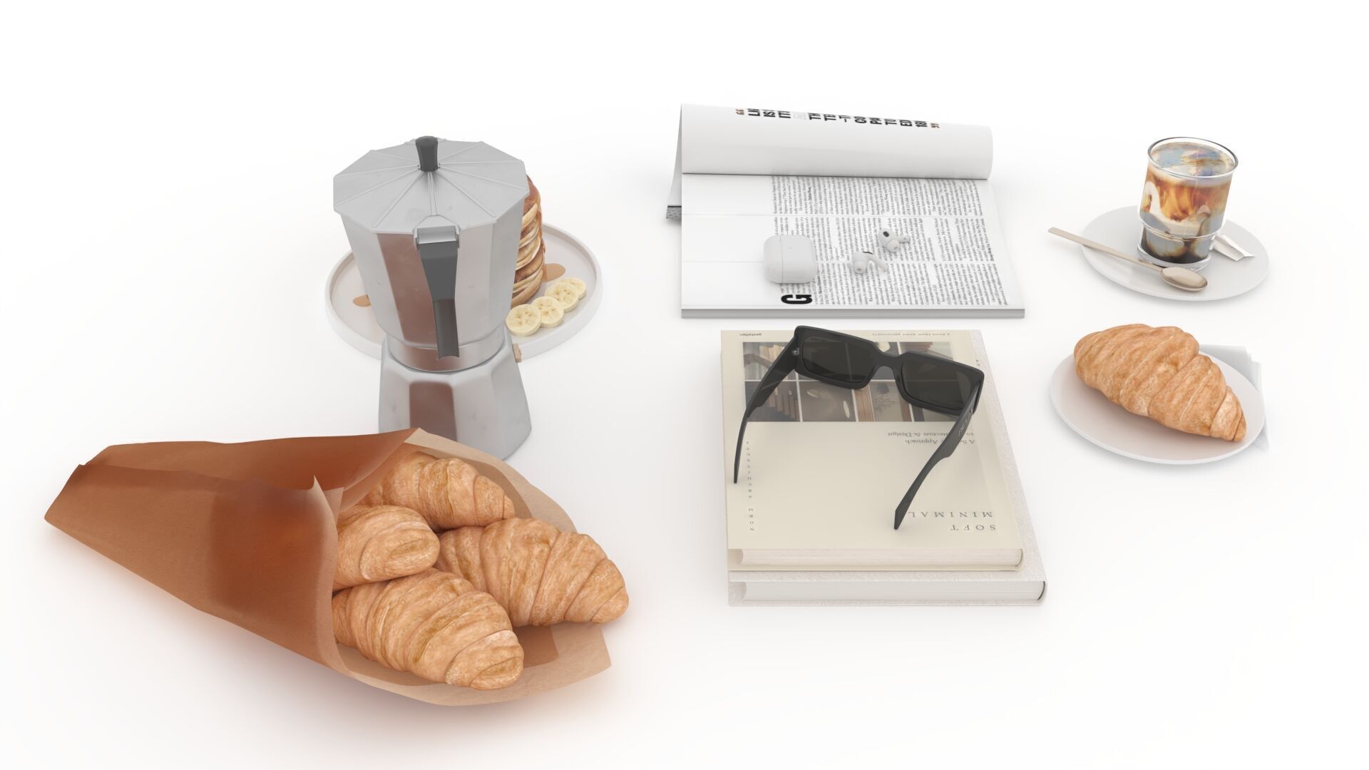 French Breakfast with Coffee and Croissant 3D model_3