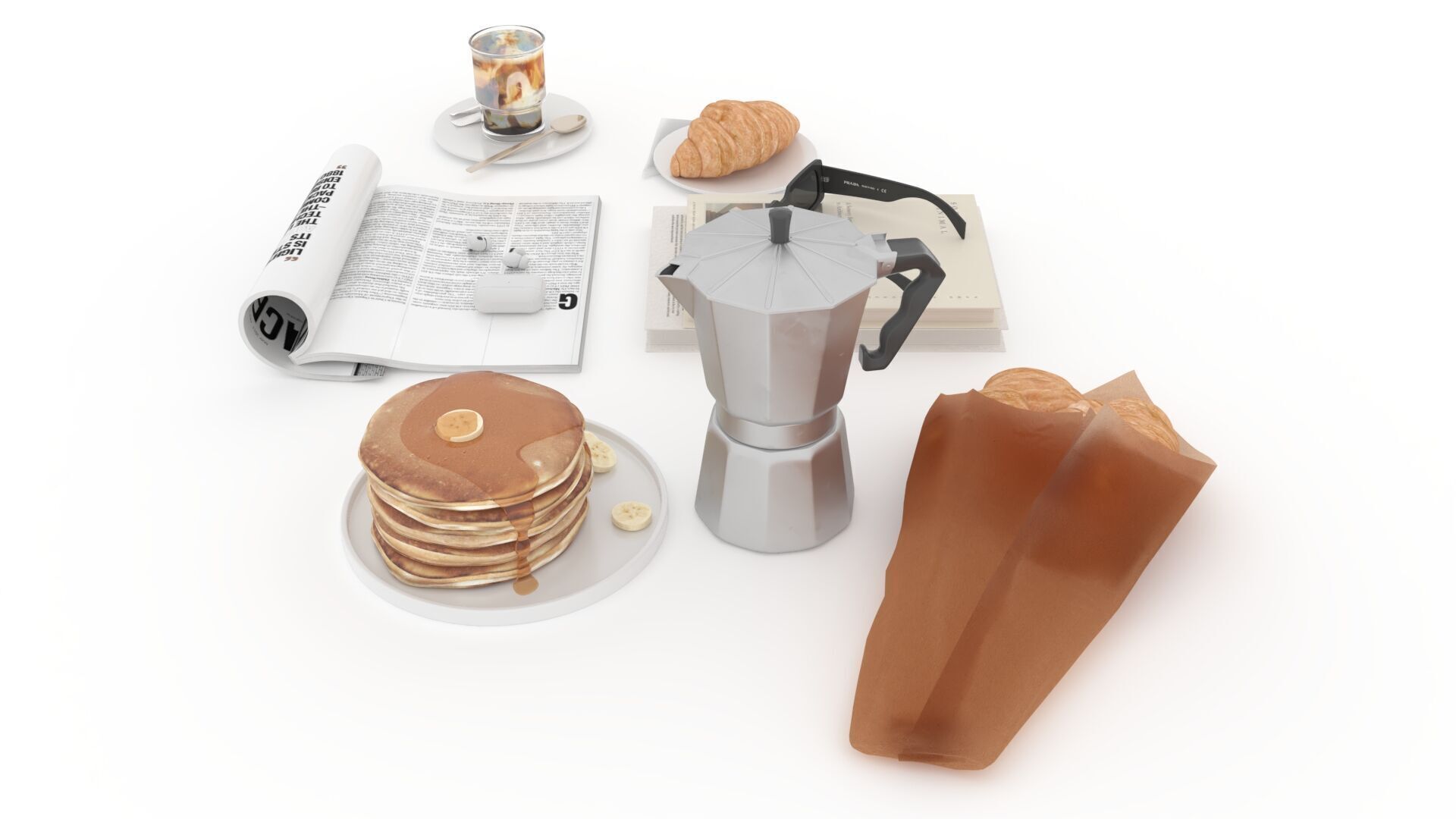 French Breakfast with Coffee and Croissant 3D model_7