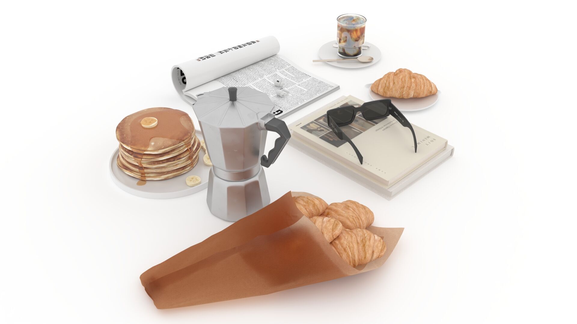 French Breakfast with Coffee and Croissant 3D model_5