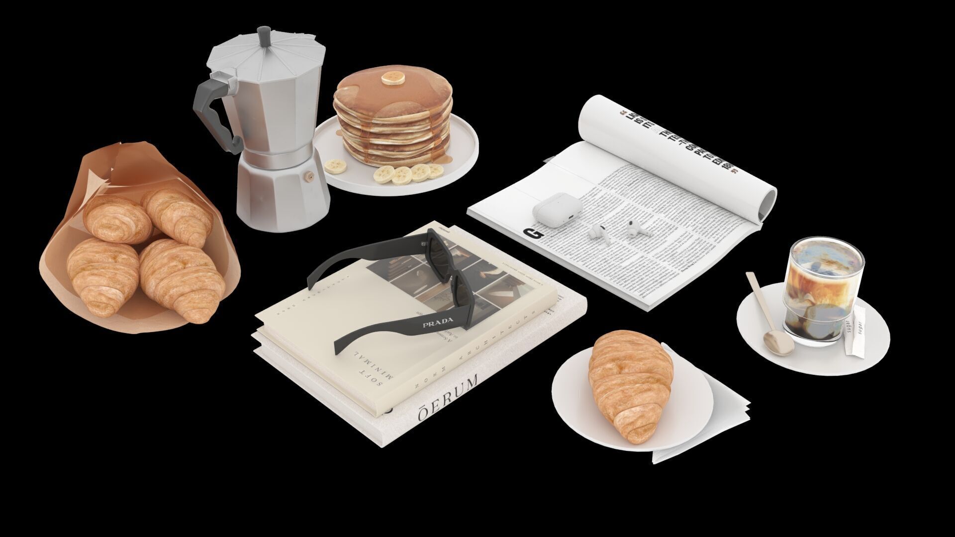 French Breakfast with Coffee and Croissant 3D model_1