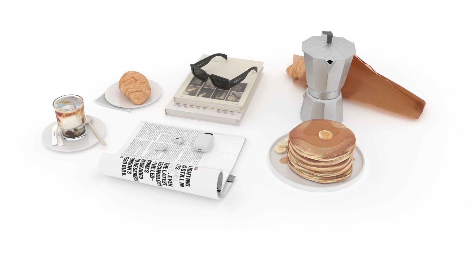 French Breakfast with Coffee and Croissant 3D model_10