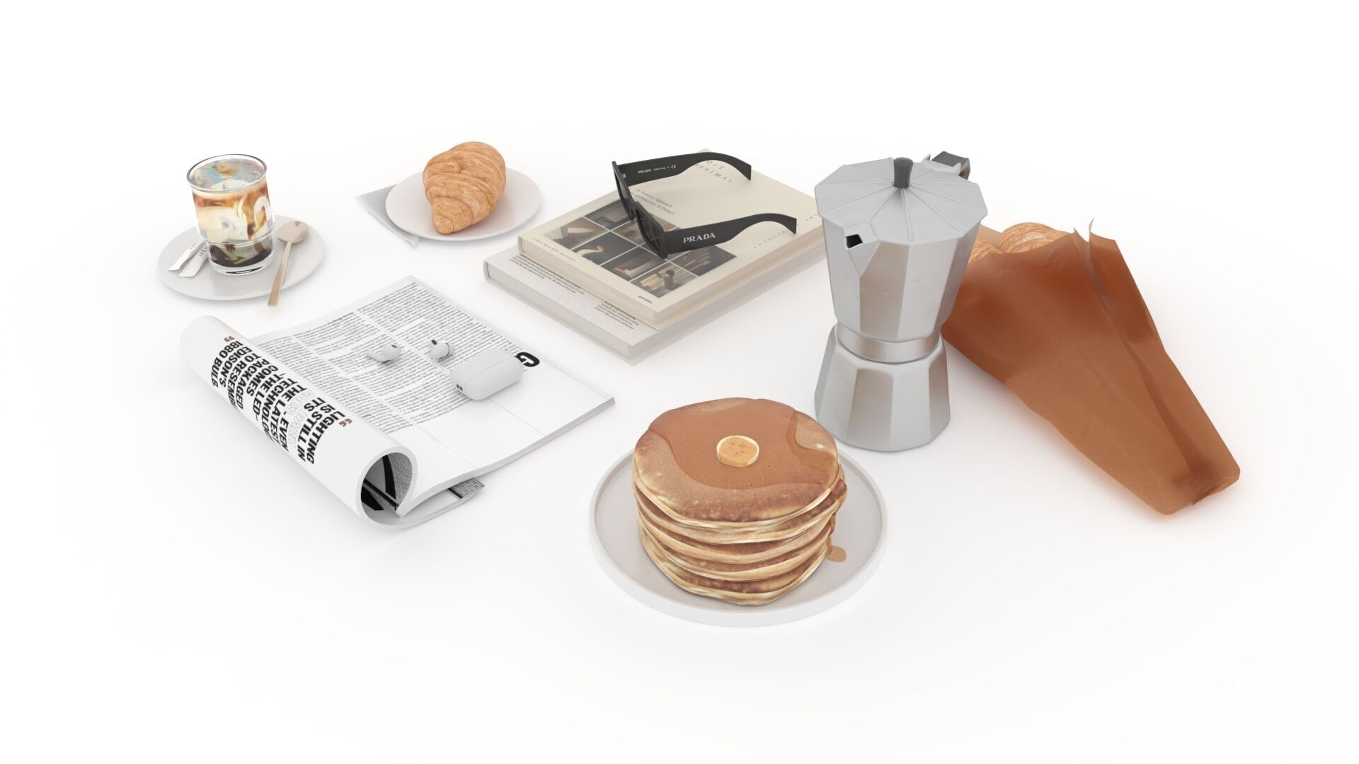 French Breakfast with Coffee and Croissant 3D model_9