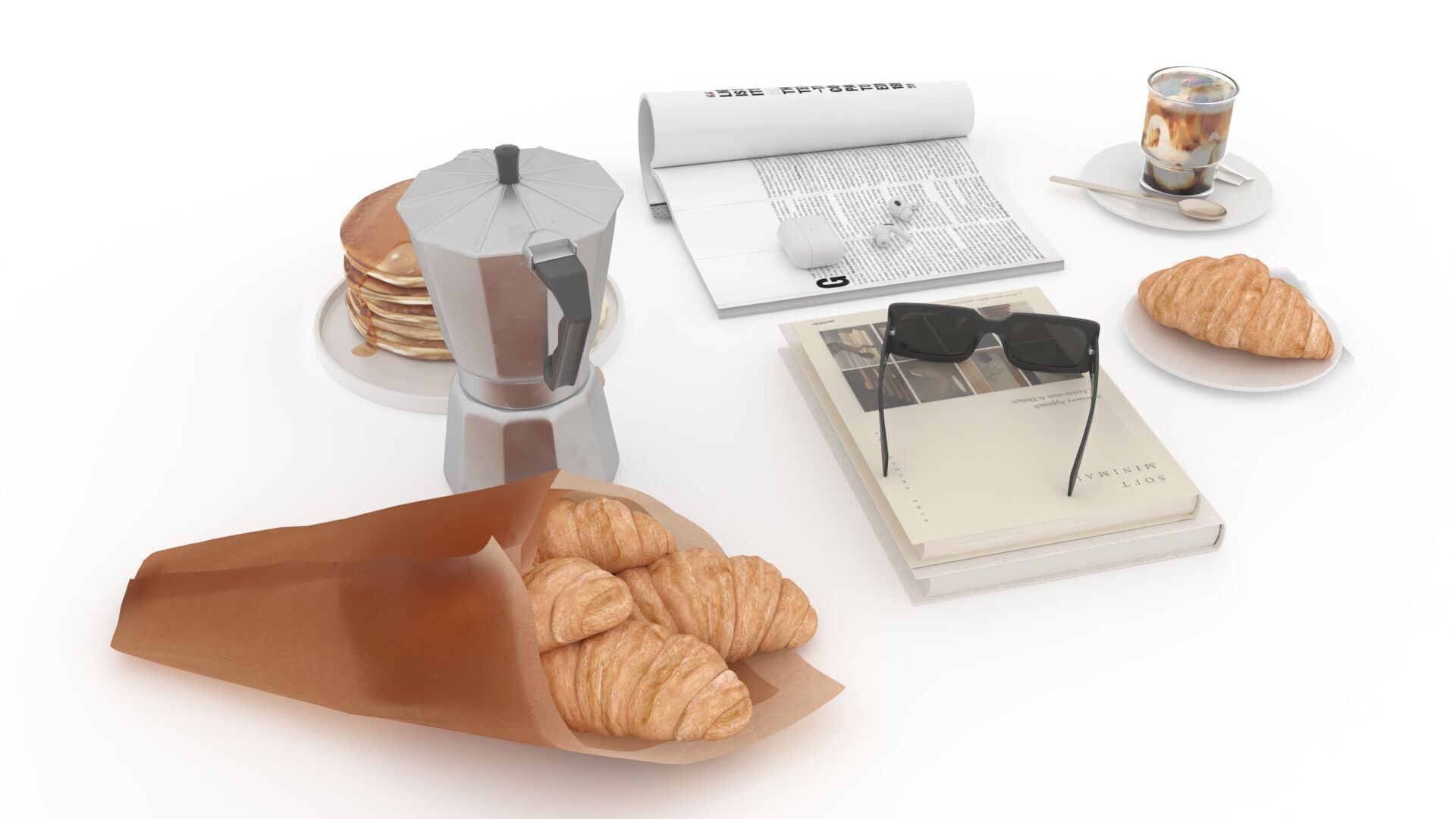French Breakfast with Coffee and Croissant 3D model_4