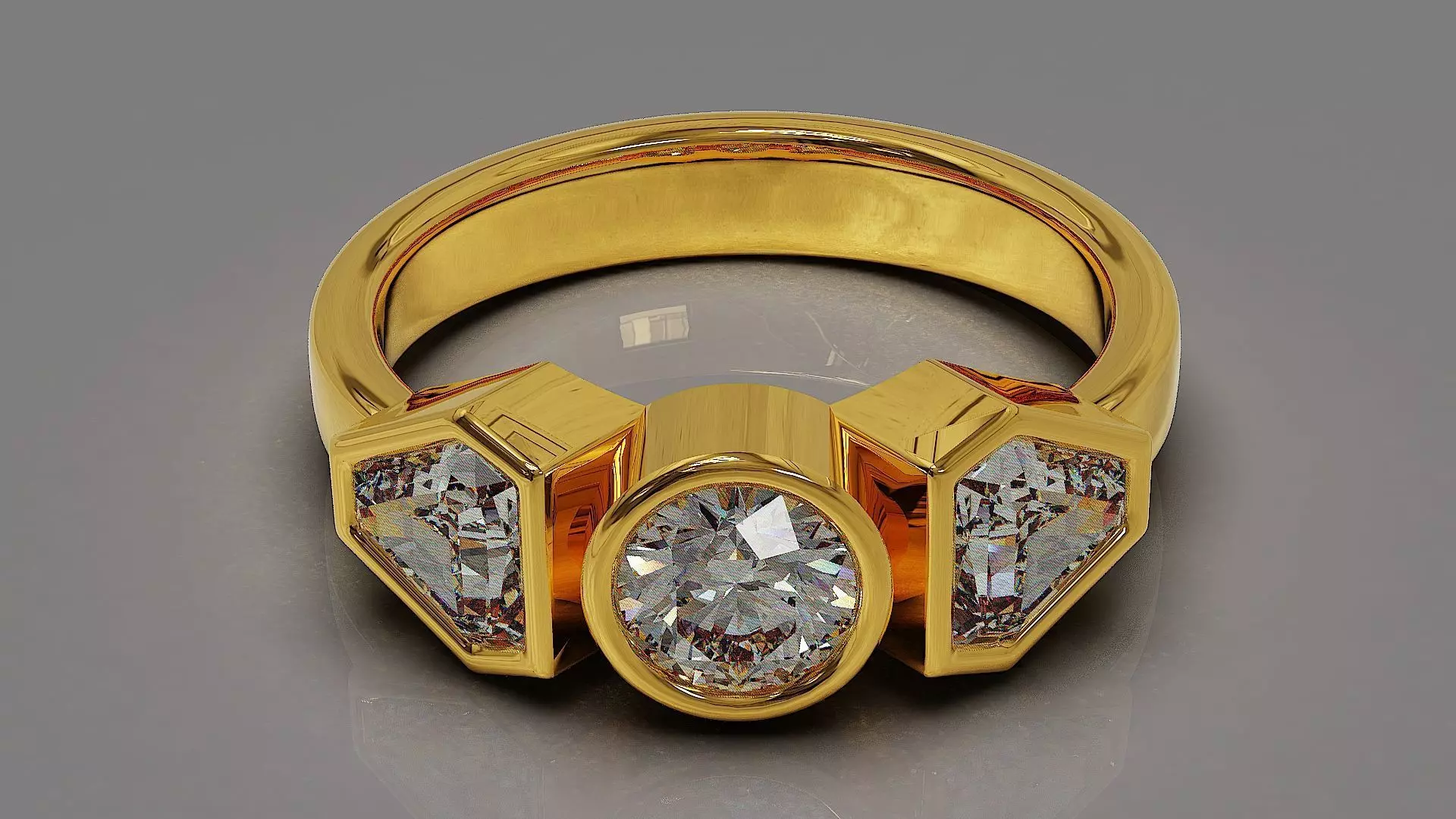 Bezel set round and calf shape diamonds three stone ring Free 3D print model