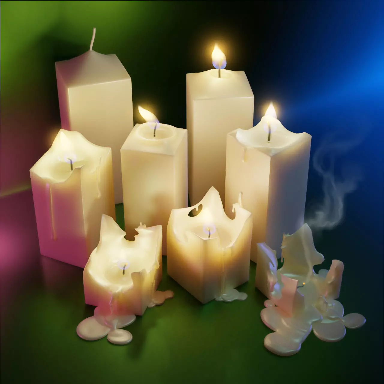 Molten Candle Complete Life Cycle - Burn Stages - Cubic Square A Low-poly 3D model_0