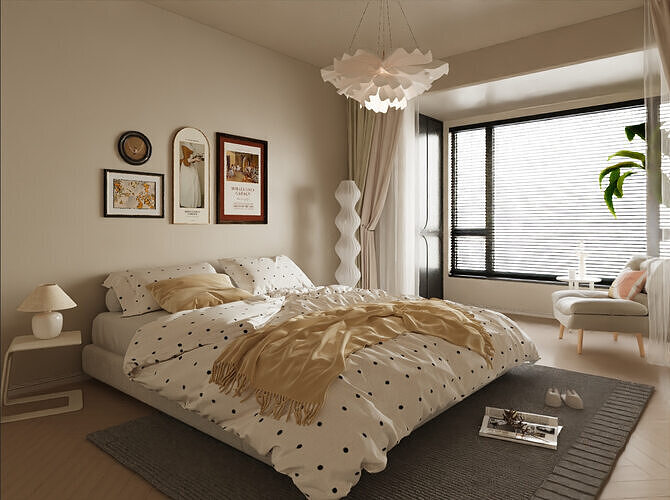 Creamy home bedroom 3D model